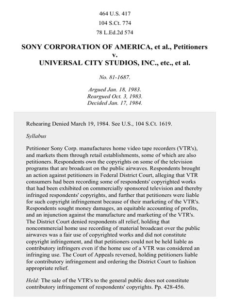 U.S. Reports: Sony Corp. v. Universal City Studios, Inc., 464 U.S..